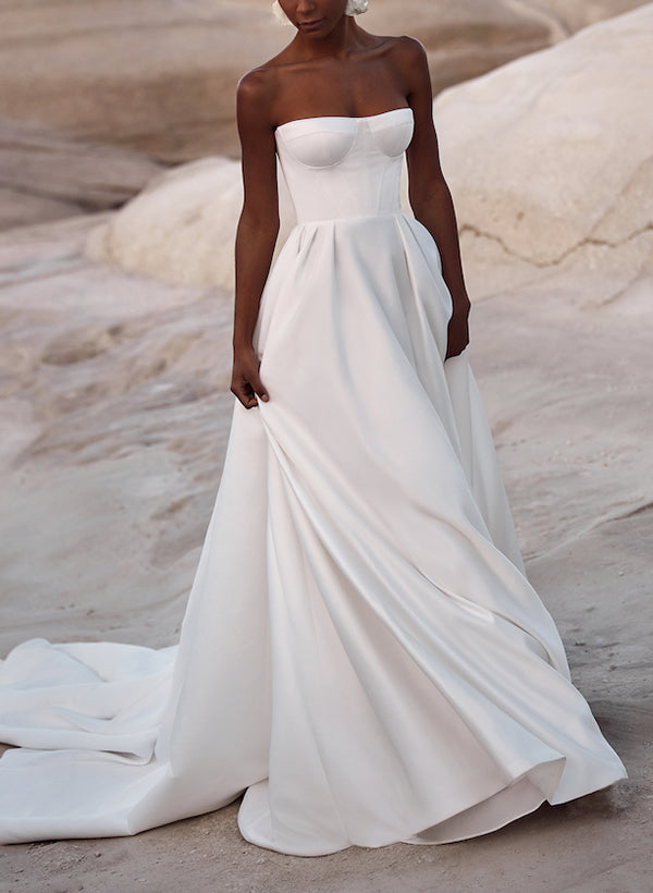 Chic A-line Strapless Satin Wedding Dress Pockets-Dbrbridal