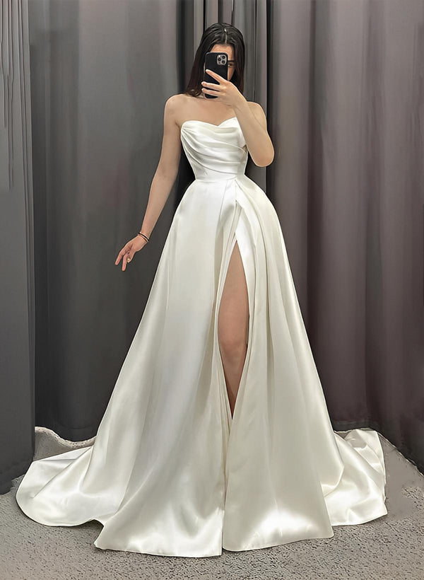 Chic A-line Strapless Sleeveless Sweep Train Satin Wedding Dresses Front Split-Dbrbridal