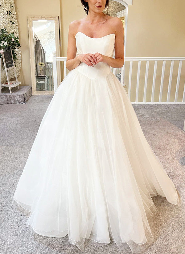 Chic A-line Strapless Sleeveless Sweep Train Tulle Wedding Dresses-Dbrbridal