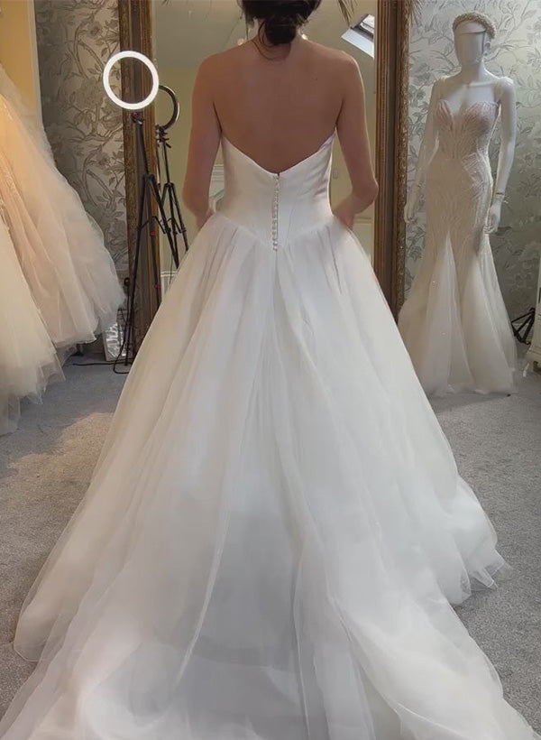 Chic A-line Strapless Sleeveless Sweep Train Tulle Wedding Dresses-Dbrbridal