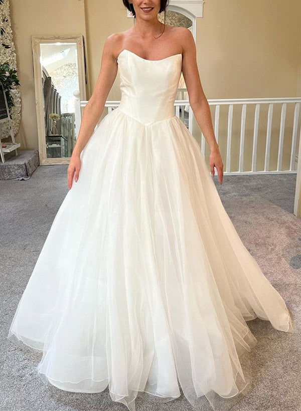 Chic A-line Strapless Sleeveless Sweep Train Tulle Wedding Dresses-Dbrbridal