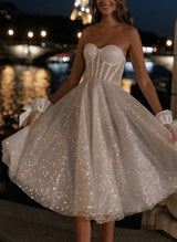 Chic A-line Strapless Sleeveless Tea-Length Sequined Wedding Dresses-Dbrbridal