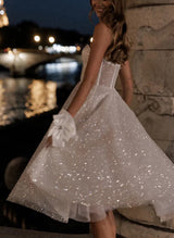 Chic A-line Strapless Sleeveless Tea-Length Sequined Wedding Dresses-Dbrbridal