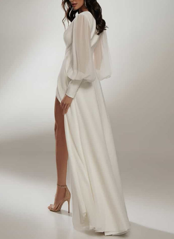 Chic A-line Summer Beach Wedding Dress Long Sleeves V-neck Chiffon Floor-Length-Dbrbridal