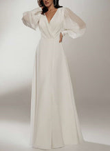 Chic A-line Summer Beach Wedding Dress Long Sleeves V-neck Chiffon Floor-Length-Dbrbridal