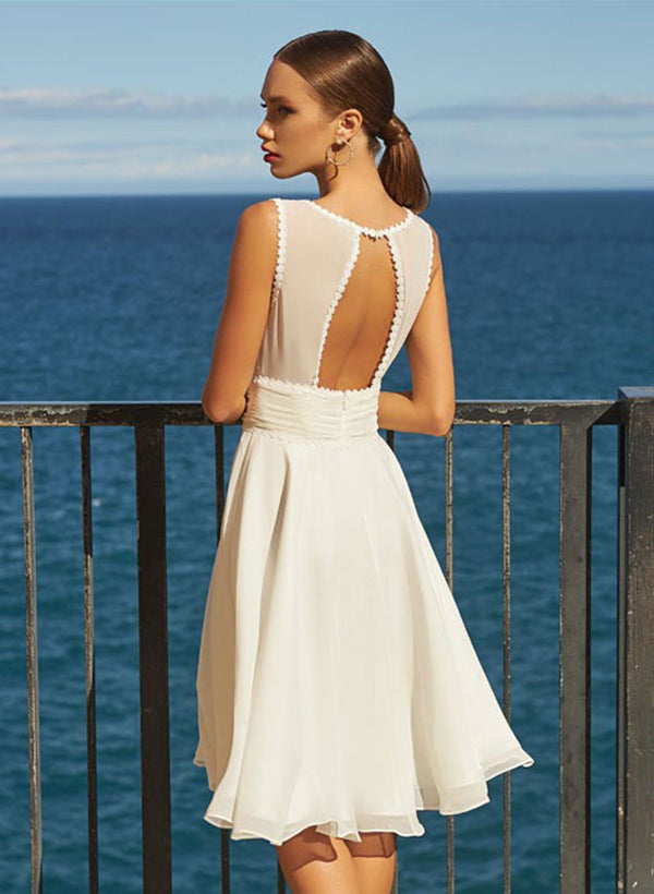 Chic A-line V-Neck Knee-Length Chiffon Short Wedding Dresses Back Hole-Dbrbridal