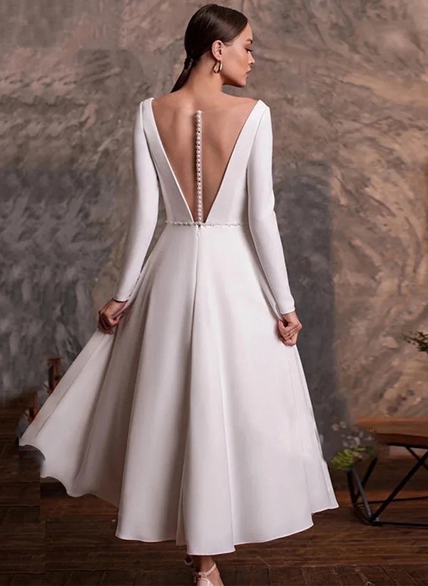 Chic A-line V-Neck Little White Satin Wedding Dresses Beaded Long Sleeves-Dbrbridal