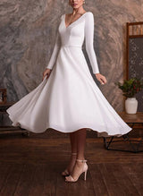 Chic A-line V-Neck Little White Satin Wedding Dresses Beaded Long Sleeves-Dbrbridal