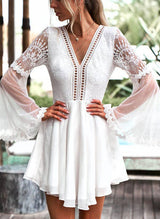 Chic A-line V-Neck Long Sleeves Short Tulle Wedding Dresses Back Hole-Dbrbridal