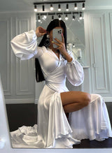 Chic A-line V-Neck Long Sleeves Silk Satin Wedding Dresses Ruffle-Dbrbridal