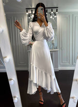 Chic A-line V-Neck Long Sleeves Silk Satin Wedding Dresses Ruffle-Dbrbridal