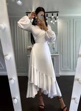 Chic A-line V-Neck Long Sleeves Silk Satin Wedding Dresses Ruffle-Dbrbridal