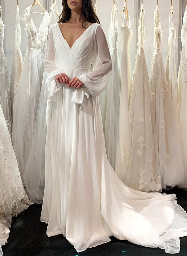 Chic A-line V-Neck Long Sleeves Sweep Train Chiffon Wedding Dresses-Dbrbridal