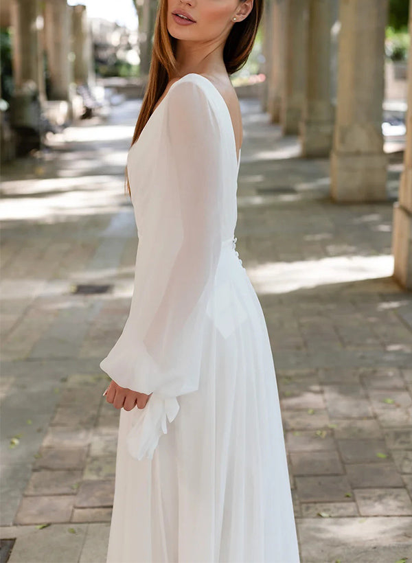 Chic A-line V-Neck Long Sleeves Sweep Train Chiffon Wedding Dresses-Dbrbridal