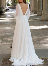 Chic A-line V-Neck Long Sleeves Sweep Train Chiffon Wedding Dresses-Dbrbridal