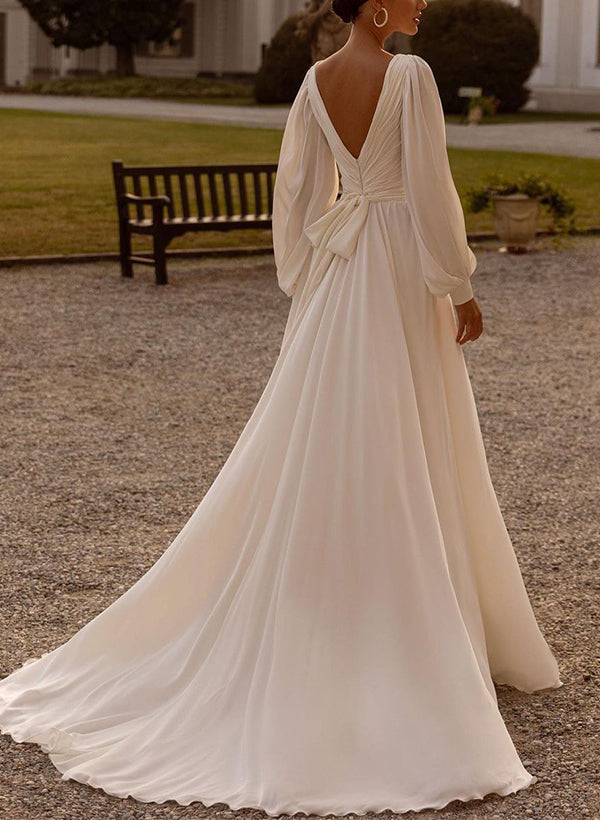 Chic A-line V-Neck Long Sleeves Sweep Train Chiffon Wedding Dresses Sash-Dbrbridal