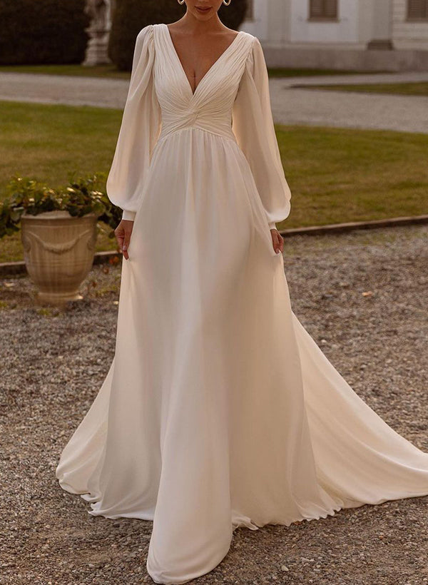 Chic A-line V-Neck Long Sleeves Sweep Train Chiffon Wedding Dresses Sash-Dbrbridal