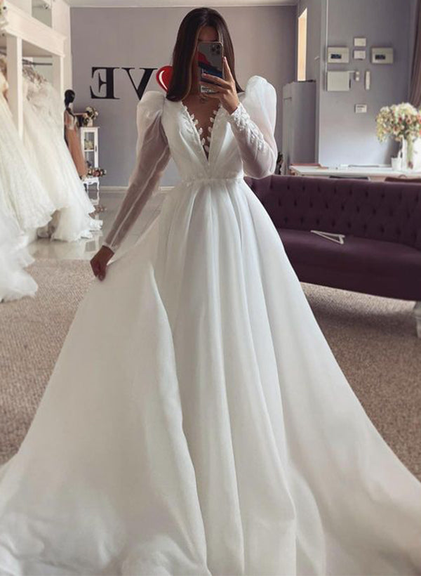 Chic A-line V-Neck Long Sleeves Sweep Train Lace Tulle Wedding Dress-Dbrbridal