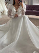 Chic A-line V-Neck Long Sleeves Sweep Train Lace Tulle Wedding Dress-Dbrbridal