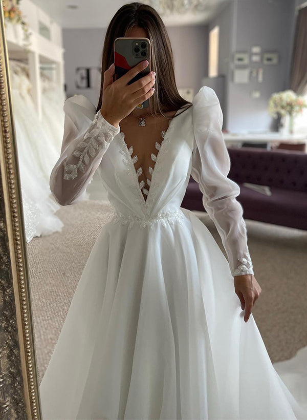 Chic A-line V-Neck Long Sleeves Sweep Train Lace Tulle Wedding Dress-Dbrbridal