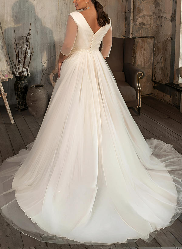 Chic A-line V-Neck Long Sleeves Sweep Train Tulle Wedding Dresses for Plus Size-Dbrbridal