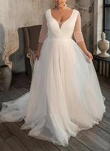 Chic A-line V-Neck Long Sleeves Sweep Train Tulle Wedding Dresses for Plus Size-Dbrbridal