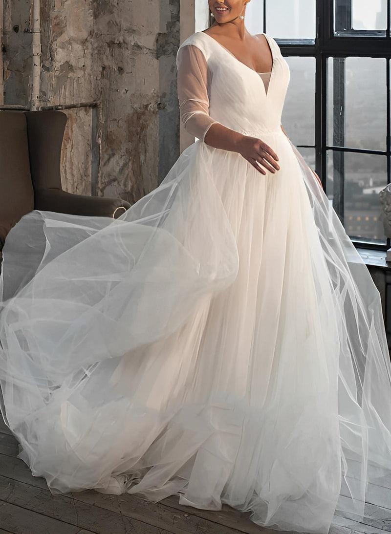 Chic A-line V-Neck Long Sleeves Sweep Train Tulle Wedding Dresses for Plus Size-Dbrbridal