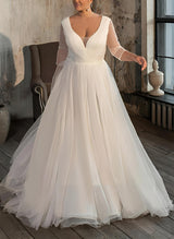 Chic A-line V-Neck Long Sleeves Sweep Train Tulle Wedding Dresses for Plus Size-Dbrbridal