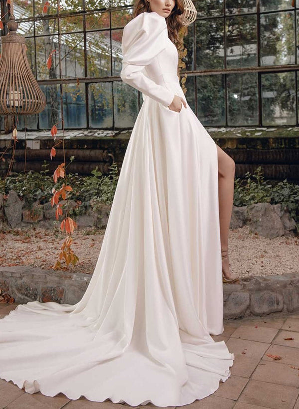 Chic A-line V-Neck Long Sleeves Sweep Train Wedding Dresses Split Front-Dbrbridal