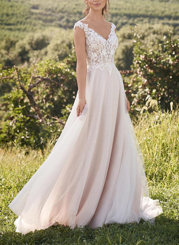 Chic A-line V-neck Short Sleeves Sweet Court Train Lace Tulle Wedding Dresses-Dbrbridal