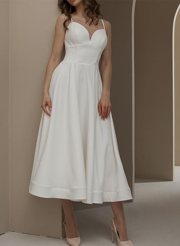 Chic A-line V-Neck Sleeveless Ankle-Length Satin Wedding Dresses-Dbrbridal