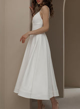 Chic A-line V-Neck Sleeveless Ankle-Length Satin Wedding Dresses-Dbrbridal