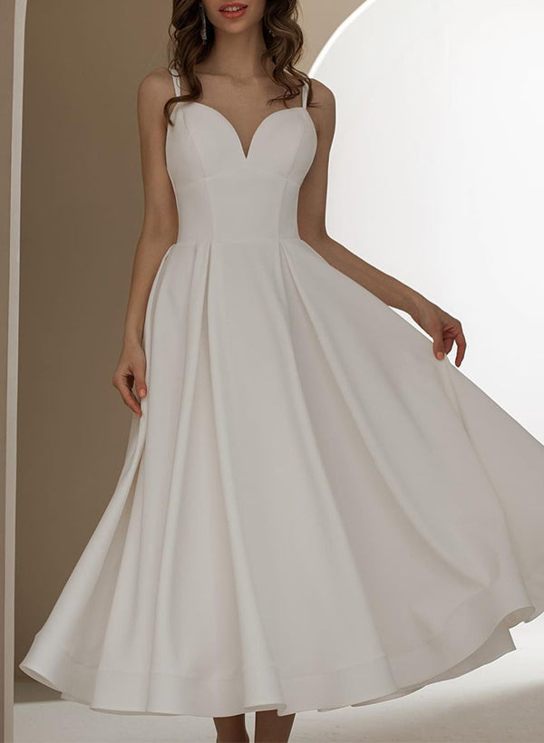 Chic A-line V-Neck Sleeveless Ankle-Length Satin Wedding Dresses-Dbrbridal