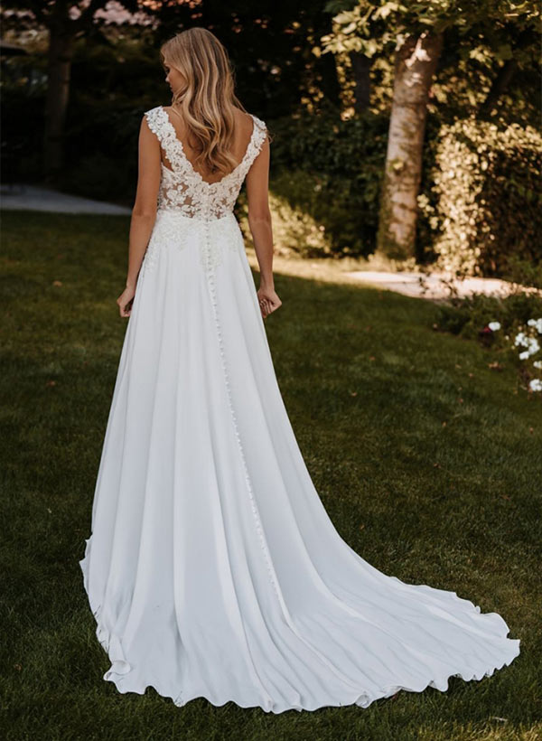 Chic A-line V-neck Sleeveless Court Train Chiffon Lace Wedding Dresses Lace-Dbrbridal