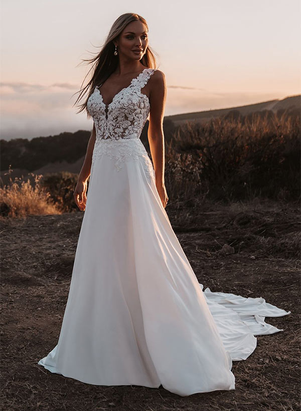 Chic A-line V-neck Sleeveless Court Train Chiffon Lace Wedding Dresses Lace-Dbrbridal