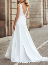 Chic A-line V-Neck Sleeveless Elastic Satin Wedding Dresses Front Split-Dbrbridal