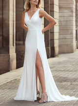 Chic A-line V-Neck Sleeveless Elastic Satin Wedding Dresses Front Split-Dbrbridal