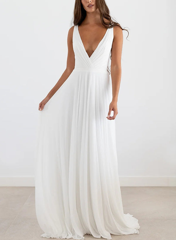 Chic A-line V-Neck Sleeveless Floor-Length Chiffon Wedding Dresses-Dbrbridal