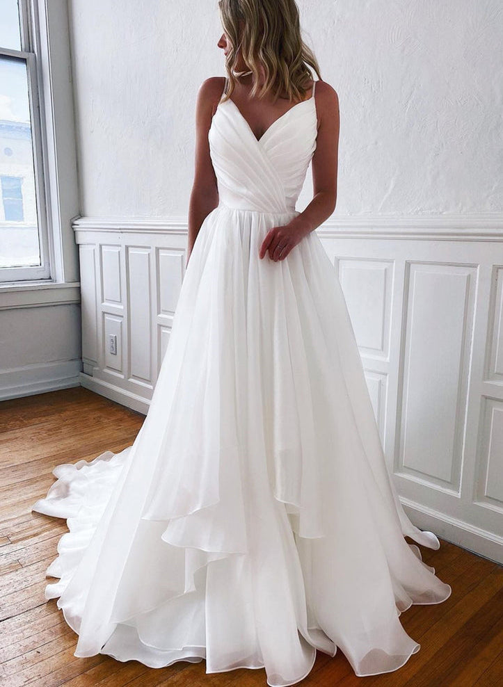 Chic A-line V Neck Sleeveless Organza Sweep Train Wedding Dress Ruffles Princess Style-Dbrbridal