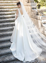 Chic A-line V-Neck Sleeveless Satin Chapel Train Wedding Dress Pockets-Dbrbridal