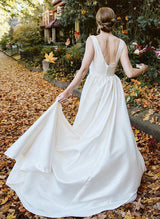 Chic A-line V-Neck Sleeveless Satin Chapel Train Wedding Dress Pockets-Dbrbridal