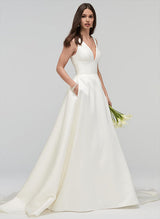 Chic A-line V-Neck Sleeveless Satin Chapel Train Wedding Dress Pockets-Dbrbridal