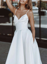 Chic A-line V-Neck Sleeveless Satin Tea-Length Wedding Dress Pockets-Dbrbridal