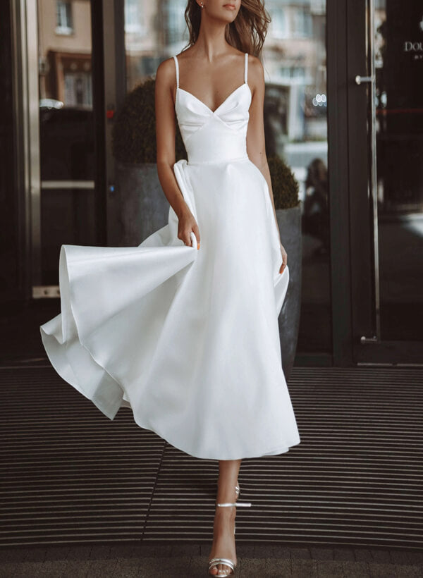 Chic A-line V-Neck Sleeveless Satin Tea-Length Wedding Dress Pockets-Dbrbridal