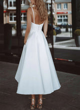 Chic A-line V-Neck Sleeveless Satin Tea-Length Wedding Dress Pockets-Dbrbridal