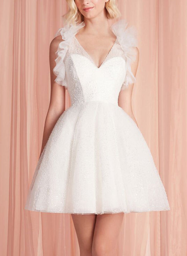 Chic A-line V-Neck Sleeveless Short Mini Wedding Dresses-Dbrbridal