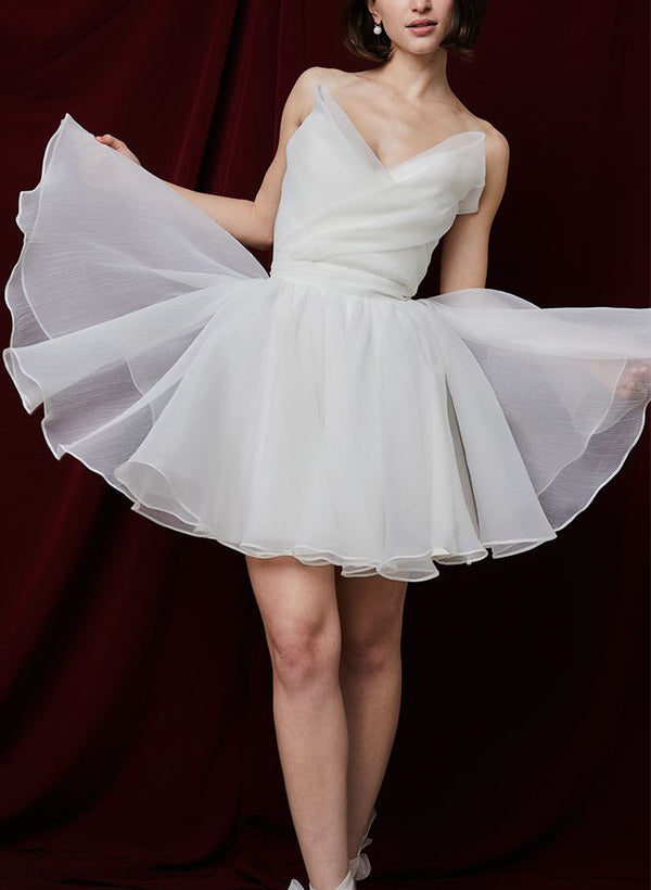 Chic A-line V-Neck Sleeveless Short Tulle Wedding Dress-Dbrbridal