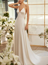 Chic A-line V-Neck Sleeveless Sweep Train Wedding Dresses-Dbrbridal