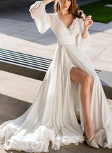 Chic A-line V-neck Wedding Dresses Chiffon Sweep Train-Dbrbridal