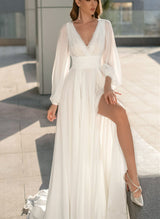 Chic A-line V-neck Wedding Dresses Chiffon Sweep Train-Dbrbridal